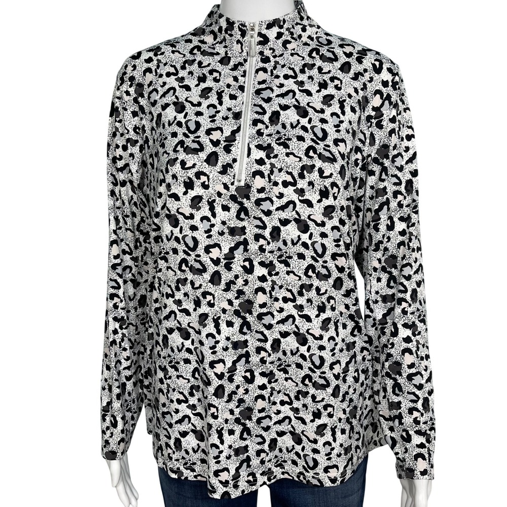 Anthony's Resort Wear Leopard Print Quarter Zip Long Sleeve UPF 50 Women M